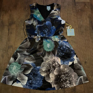 Women's CeCe Black & Blue Floral V-Neck Fit & Flare Dress Size 2
